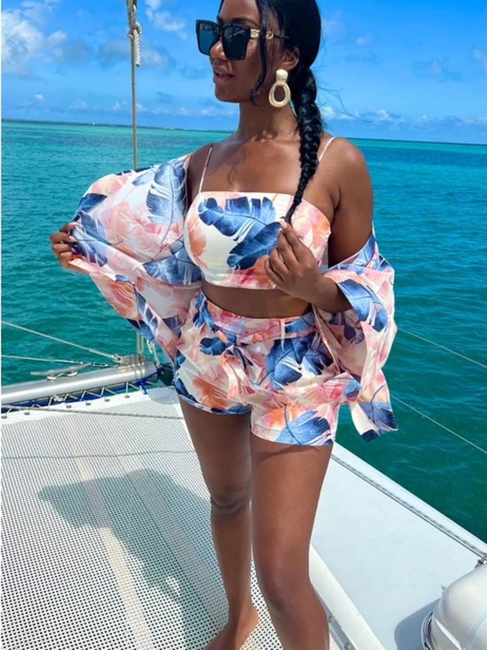 Fashion Nova Tropical Floral 3 Piece Shorts Set + Kimono